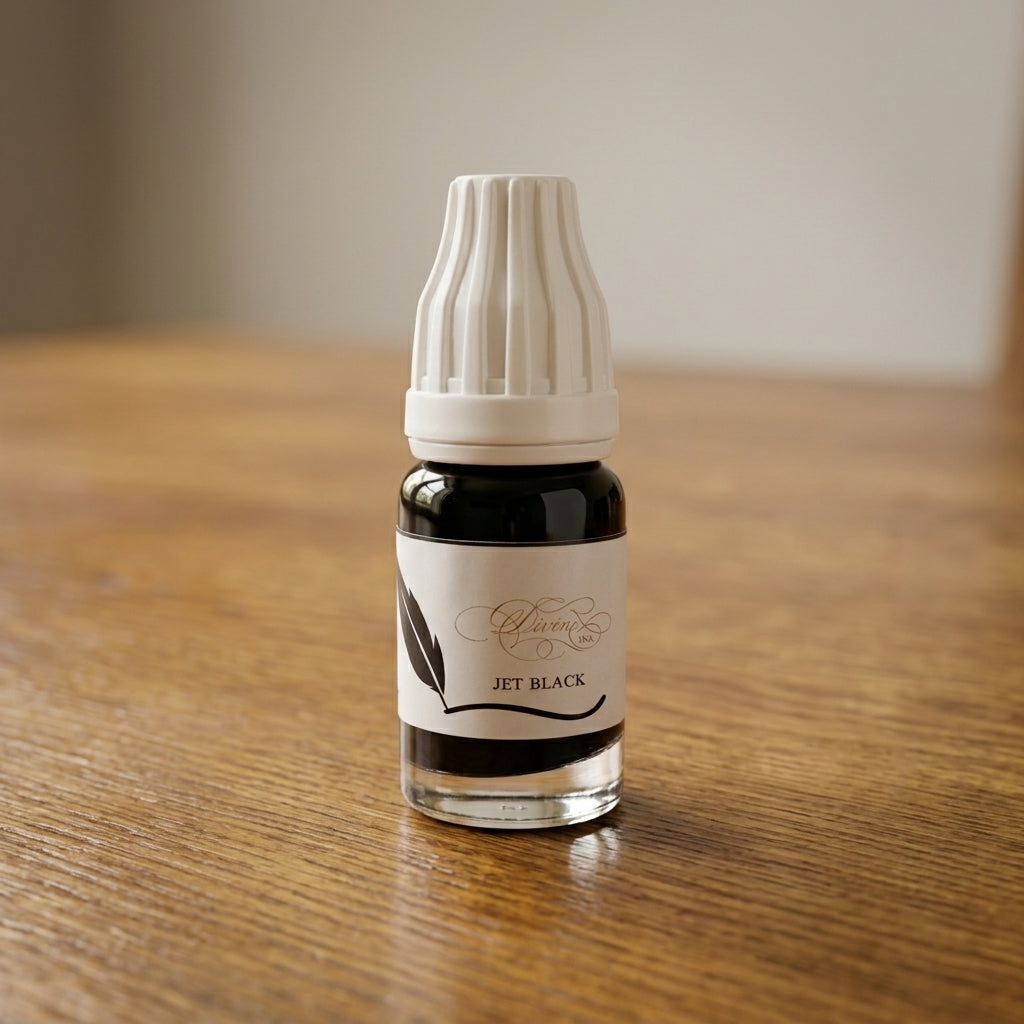Bottle of jet black ink on a wooden surface with a neutral background
