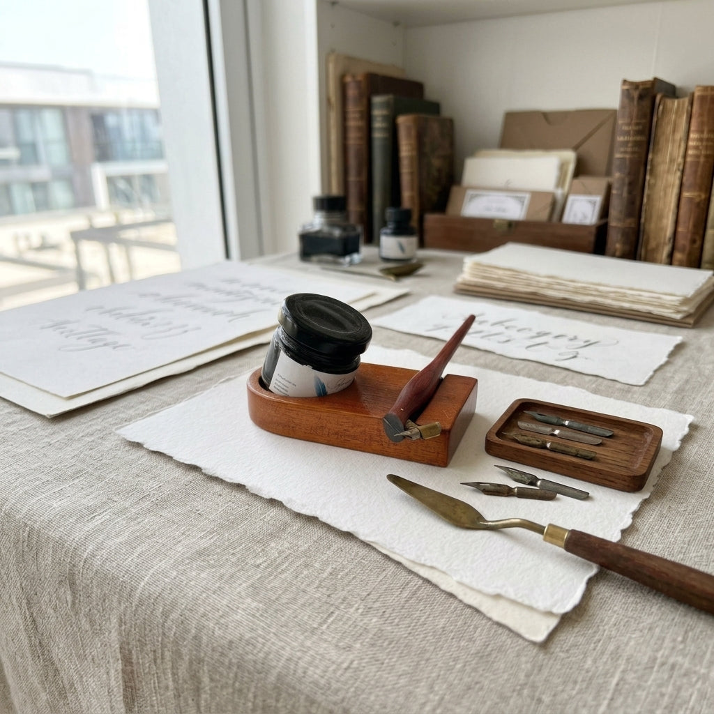 A styled tabletop scene with handmade paper, a wooden ink container, calligraphy tools, and vintage books in the background, photographed in a bright indoor setting near a window.