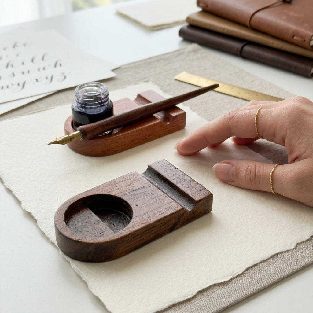 A close-up of a hand resting near a wooden ink stand and fountain pen on a sheet of cream paper, with a small ink bottle, another wooden holder, and stacked leather notebooks in the background.